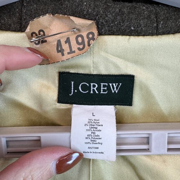VTG J. Crew Army Green Wool Toggle Closure Duffle Coat with Fur Hood Size Large - Picture 9 of 13